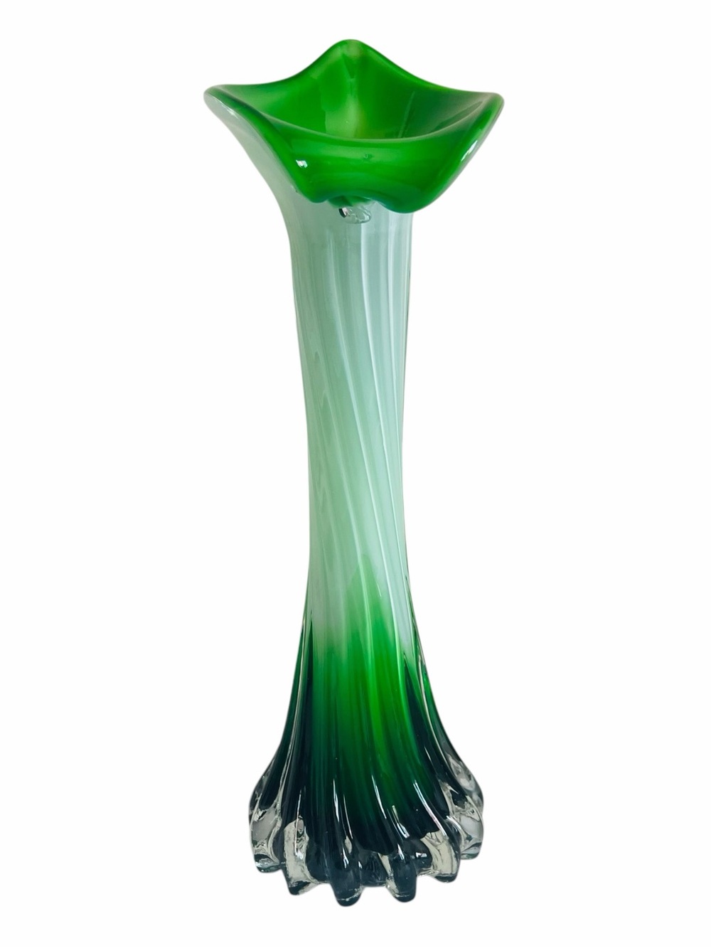 Art Glass Calla Lilly Jack in the Pulpit Cased Green White in Clear Vase